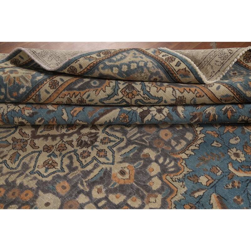 Floral Tabriz Persian Rug Handmade Blue Traditional Wool Carpet - 9'9"x 12'9"