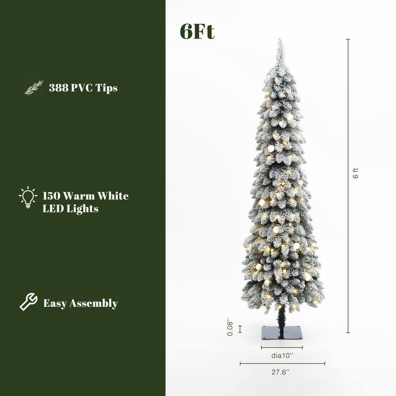 6Ft Pre-Lit Flocked Pencil Artificial Christmas Tree - 72" H x 27.6" Diameter