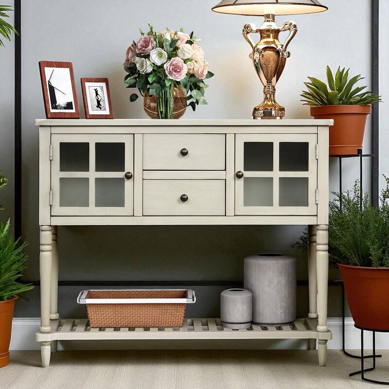 Farmhouse Sideboard Console Table with Glass Doors, Drawers & Bottom Shelf, Solid Wood Frame, 42" W - Dark Grey