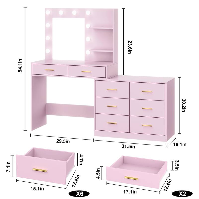 61" Make up Vanity Desk with Mirror and Lights, 3 Lighting Modes Vanity Organizer with Adjustable Brightness