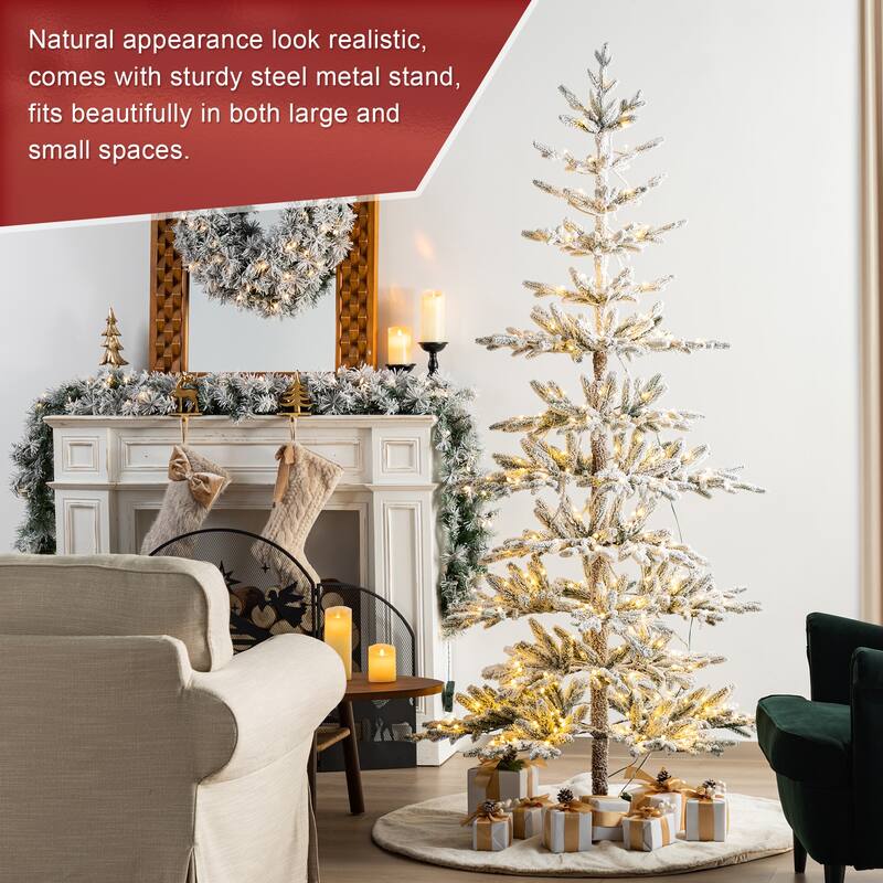 Glitzhome 6/7/9 FT Pre-Lit Flocked Slim Snowscape Fir Artificial Christmas Trees 2 or 3-Piece Set