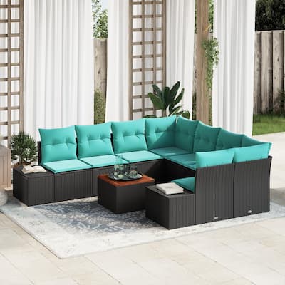 vidaXL 9 Piece Garden Sofa Set with Cushions Black Poly Rattan Acacia - 103.9×92.1×27.2