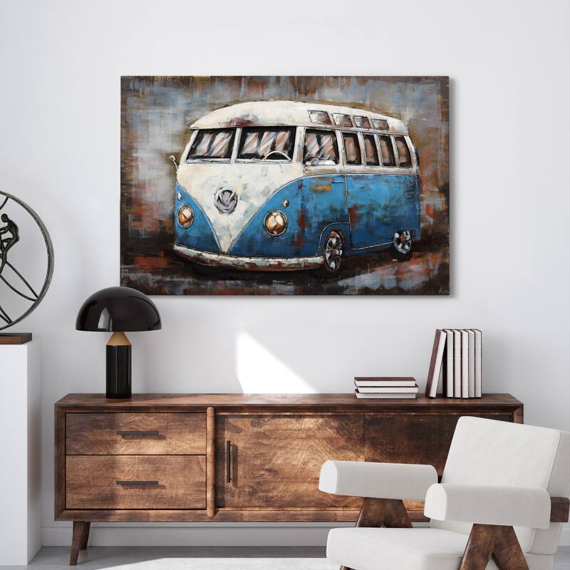 "Blue bus" Mixed Media Iron Hand Painted 3D Wall Sculpture