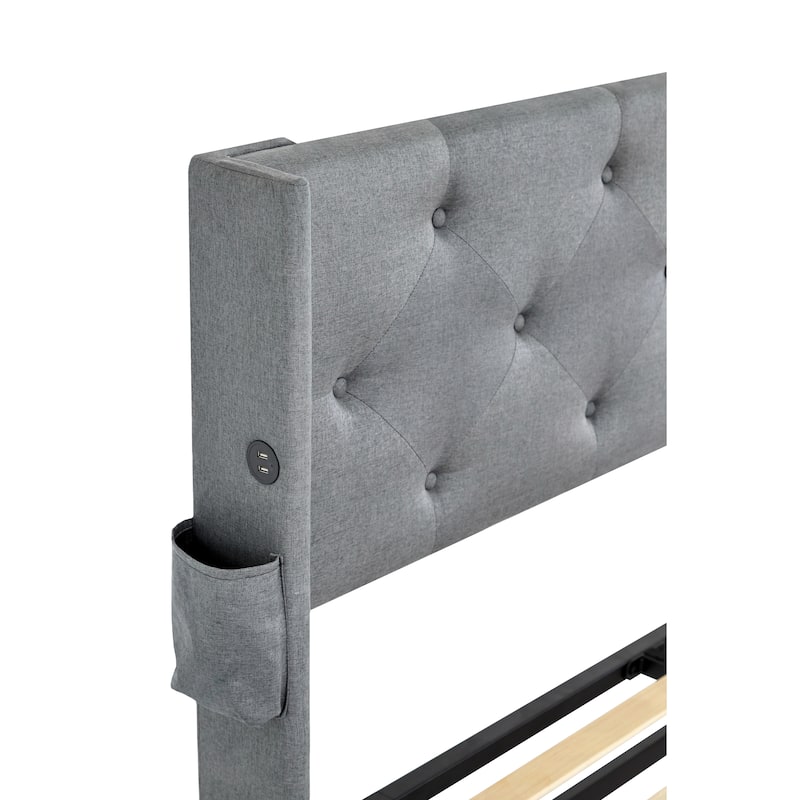 Queen Size Bed Frame with Storage - Lift Up Storage Bed with Modern Wingback Headboard, USB Ports