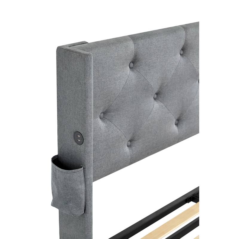 Queen Storage Bed Frame with Lift-Up Mechanism, USB Ports & Wingback Headboard
