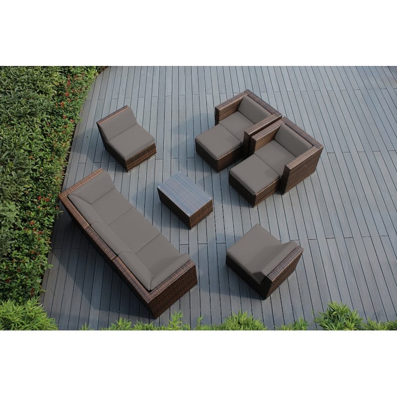 Ohana Outdoor Patio 10 Pc Mixed Brown Wicker Seating Set with Cushions - No Assembly - Sunbrella Taupe