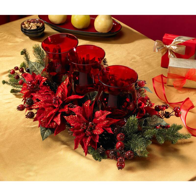 30" Artificial Red Poinsettias Pine Berries Triple Candelabrums