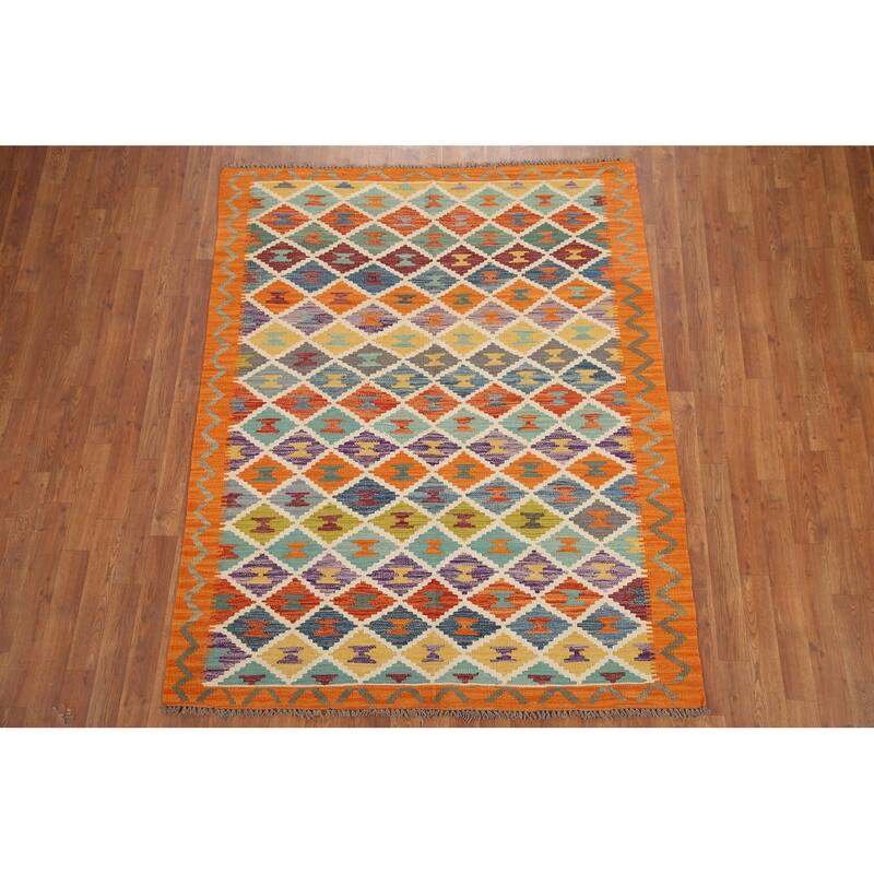 Hand Woven Oriental 100% Wool Carpet Southwestern Geometric Multi-Colored Kilim Area Rug - 6' 2'' X 4' 11''