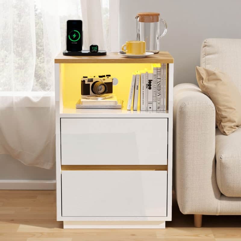 15.7 Inches W High Gloss White and Oak Nightstand 2 Drawers RGB Strip US Outlet 2USB+2AC