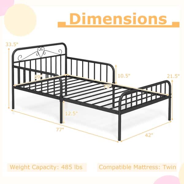 dimension image slide 0 of 3, Twin Size Bed Frame with Headboard and Safety Side Guardrails-Black