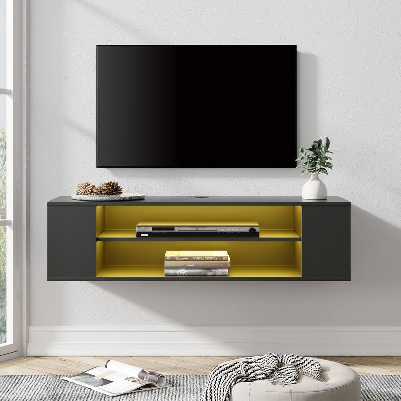 WAMPAT Floating TV Stand Shelf Wall Mounted Entertainment Center Floating Cabinet Media Hutch Under TV, 39 Inch - Black&Yellow Light