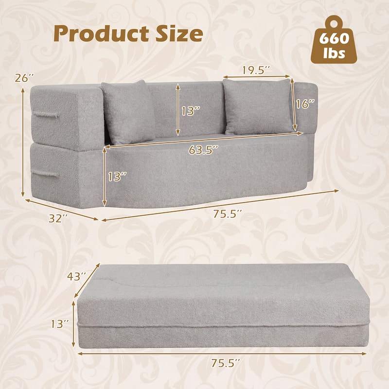 Gymax 75.5'' Folding Sofa Bed w/2 Comfortable Pillows No Assembly