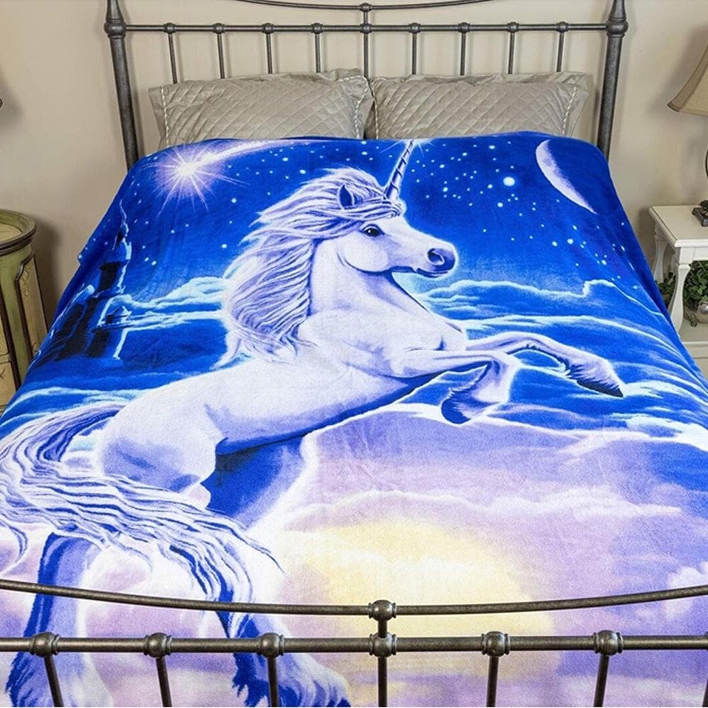Queen Size Fleece Throw Blanket Unicorn Blue 90 x 75