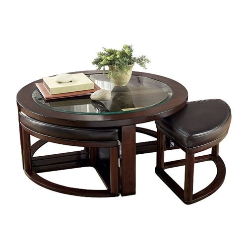 Ashley T477-8 Marion Dark Brown Cocktail TBL with 4 Stools w/ Glass Tabletop