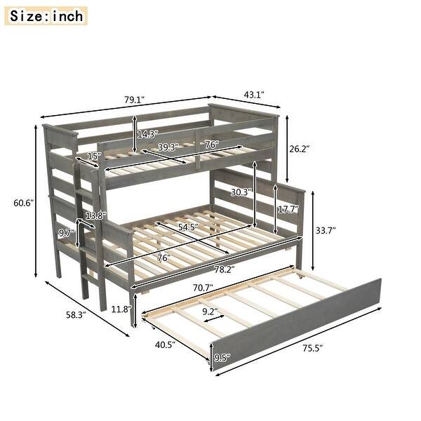 dimension image slide 1 of 2, Twin over Full Bunk Bed with Twin Size Trundle, Space-saving, Grey