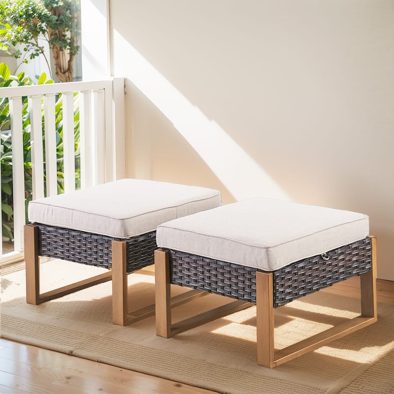 High Back Outdoor Furniture with Thick Cushion - Brwon Wicker Beige Cushion - 2PCS Patio Ottomans