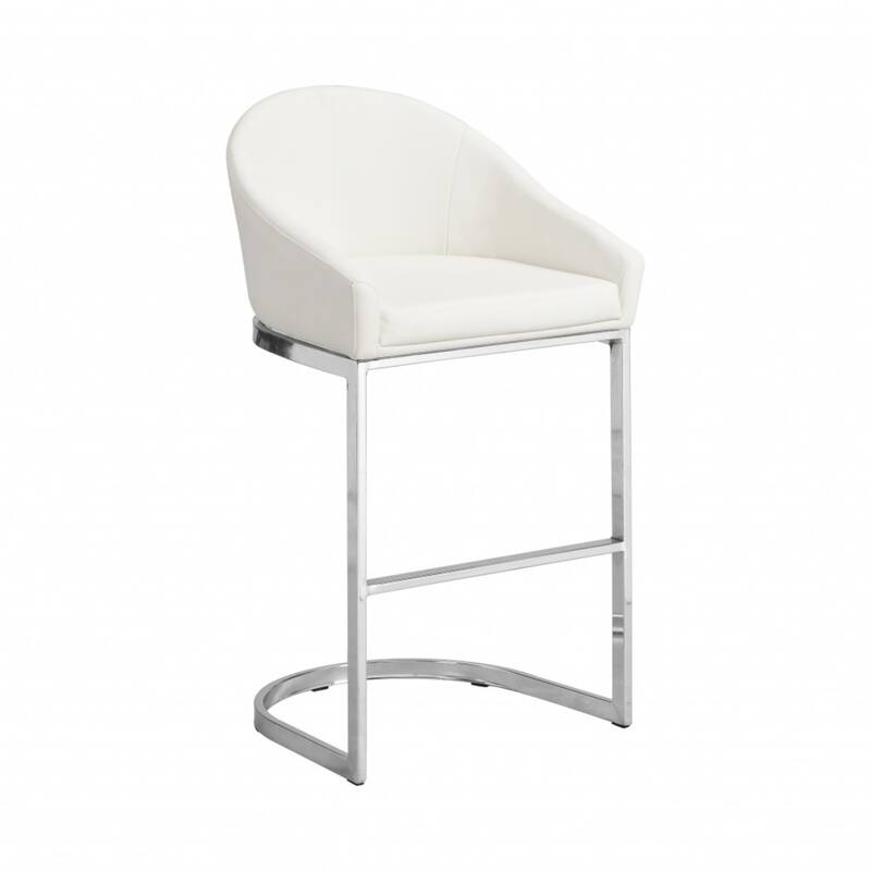 35” Tall Modern White Faux Leather Bucket Seat Bar Stool with Steel Frame and Low Back Included Footrest