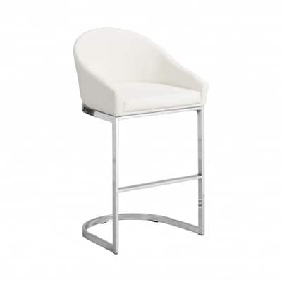 35” Tall Modern White Faux Leather Bucket Seat Bar Stool with Steel Frame and Low Back Included Footrest