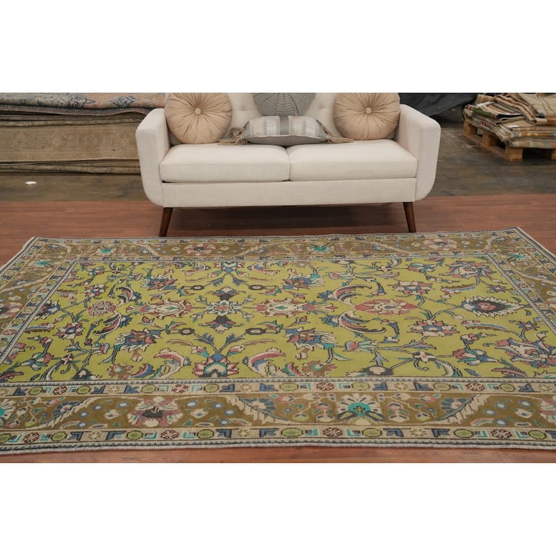 Hand Knotted Oriental 100% Wool Carpet Traditional Floral Green Tabriz Area Rug - 9' 1'' X 6' 3''