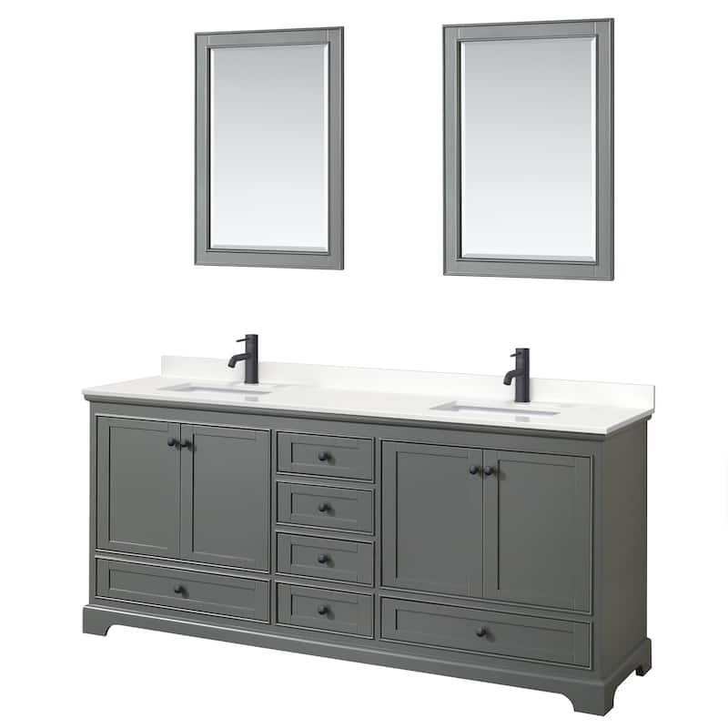 Deborah 80-inch Double Vanity, Quartz Top, 24-inch Mirrors - Dark Gray, Black Trim, White Quartz Top