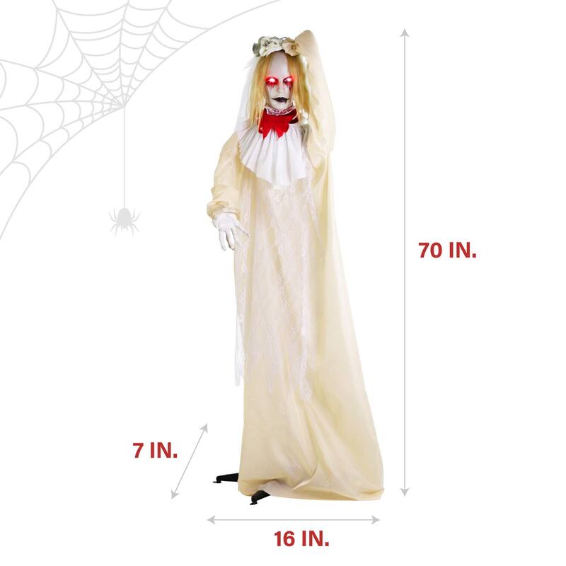 Haunted Hill Farm Poppy the Animatronic Zombie Bride with Pop-Up Head and Light-Up Eyes for Scary Halloween Decoration