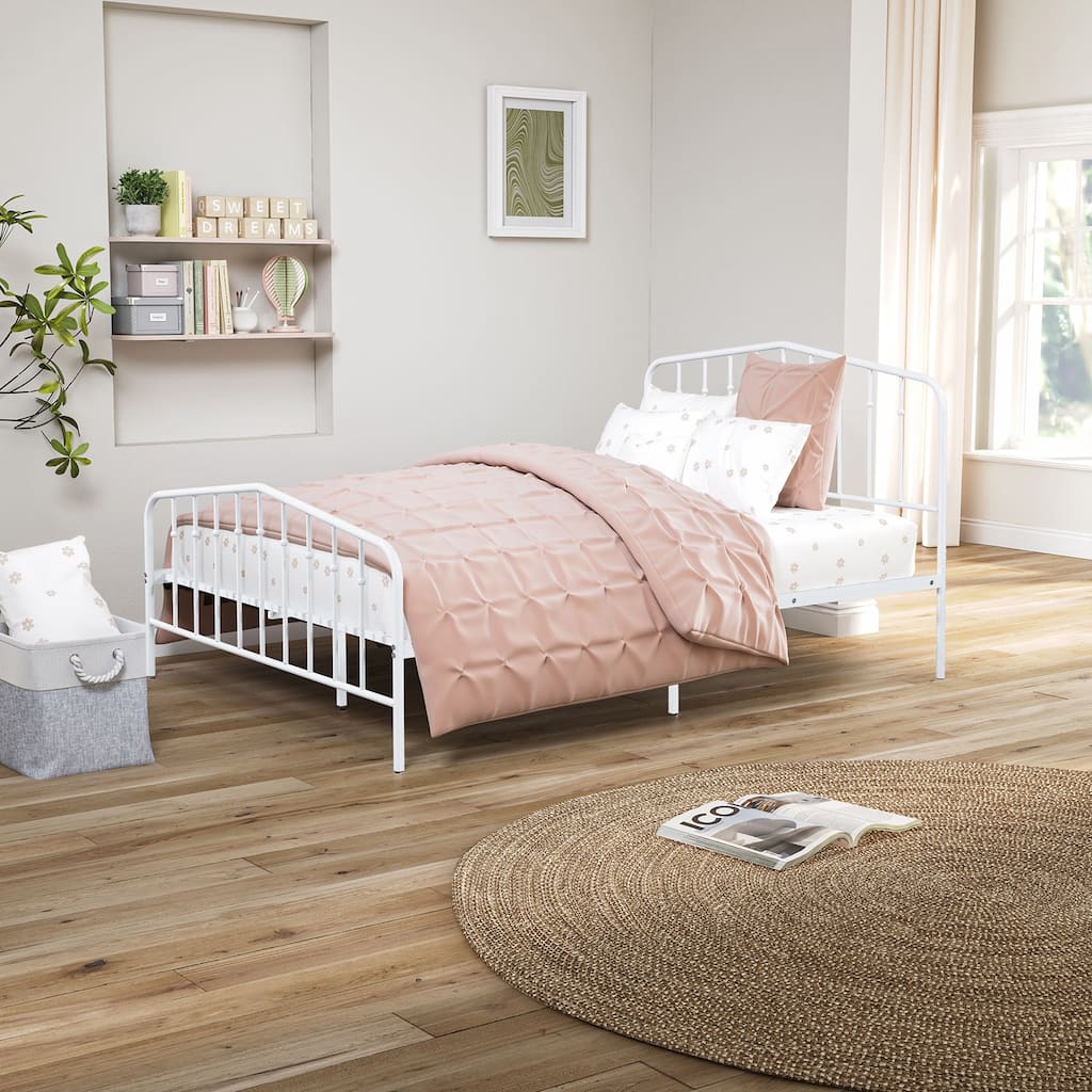 Modern Full Size Metal Bed with White Finish, Mattress Ready