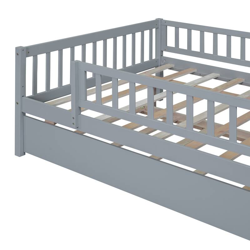 Full Size Wood Daybed with Trundle and Fence Guardrails, Space-Saving Design