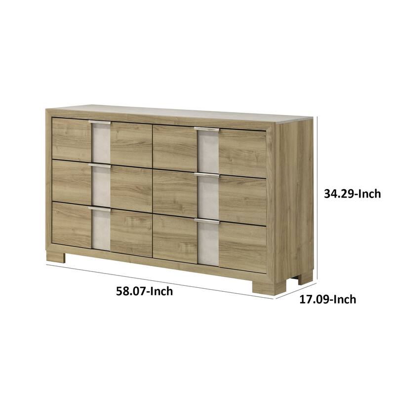 Amey Wide Dresser with 6 Drawers, White Trim, Driftwood Brown Finish