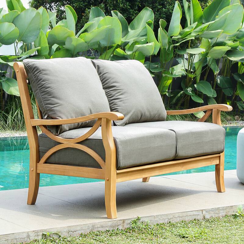 Cambridge Casual Lowell Teak Patio Loveseat with Cushion - Natural Teak/Gray Cushion