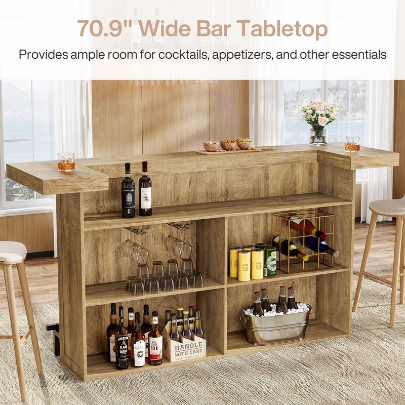 70.9" Wooden Home Bar Table with Wine Glass Holder, Pub Storage Unit Accent Table for Home Patio Basement