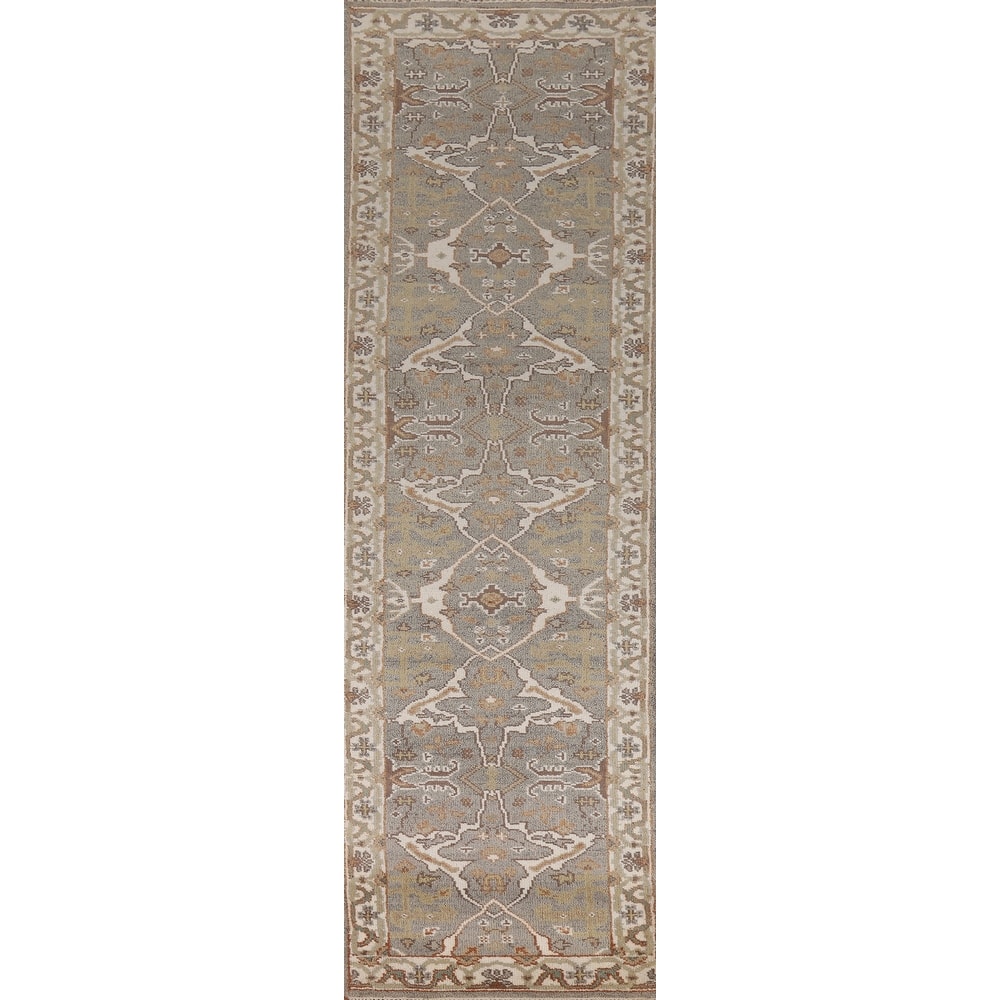 Gray Oushak Indian Runner Rug Hand-Knotted Floral Wool Carpet - 2'6"x 11'8"