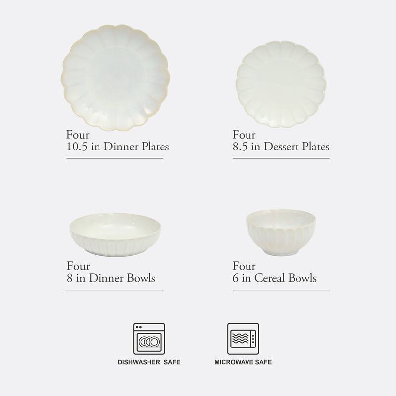 Gibson Elite Malibu Shore 16 Piece Scallop Stoneware Reactive Glaze (Service for 4) Ceramic Plates and Bowls Dinnerware Set