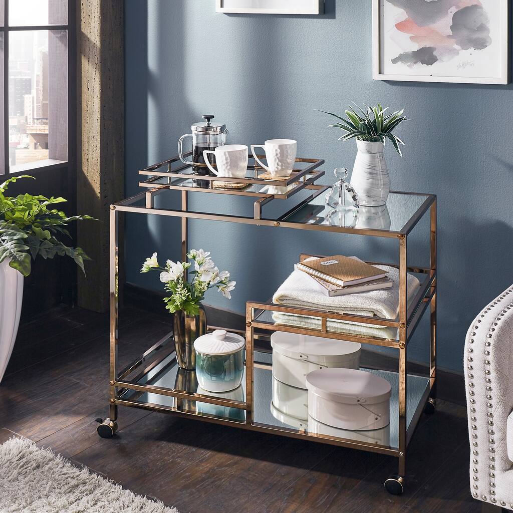 Deblina Champagne Gold and Mirror Bar Cart by iNSPIRE Q Bold - Bar Cart