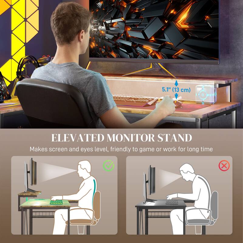 Modern L Shaped Computer Desk with LED Lighting and USB Charging Ports and Reversible Shelves for Home Office and Bedroom