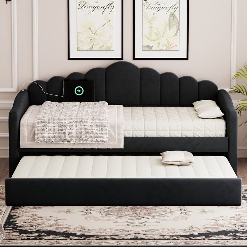 Twin size Velvet Upholstered Daybed with Trundle , USB Charging Ports