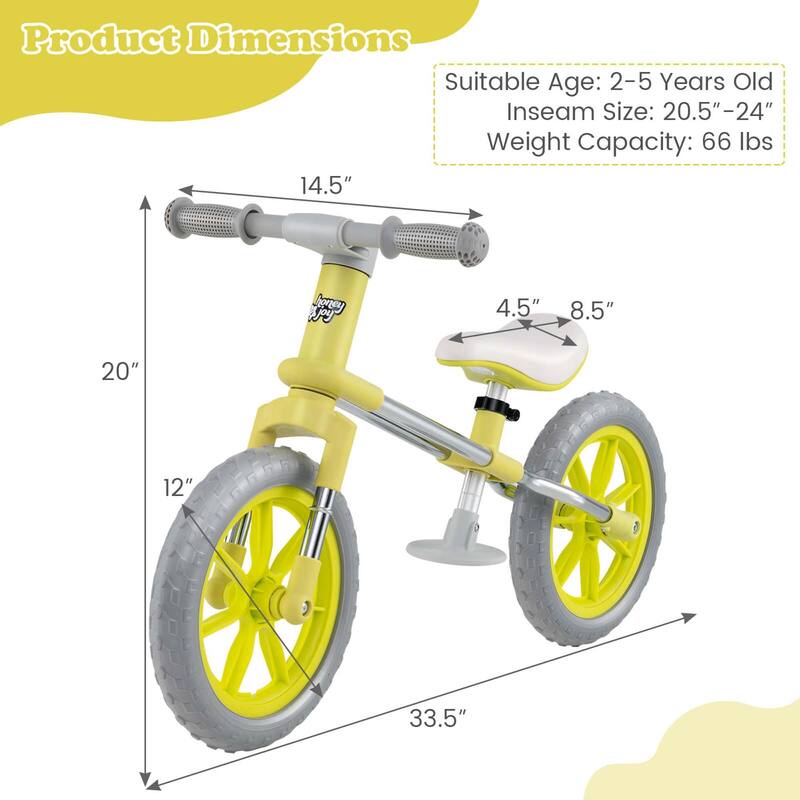 Honeyjoy 12" Balance Bike 2 Wheels Children’s Bicycle with Adjustable - See Details