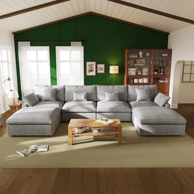 Oversized Linen Sectional Sofa Down Filled U-Shaped Couch for Living Room Set