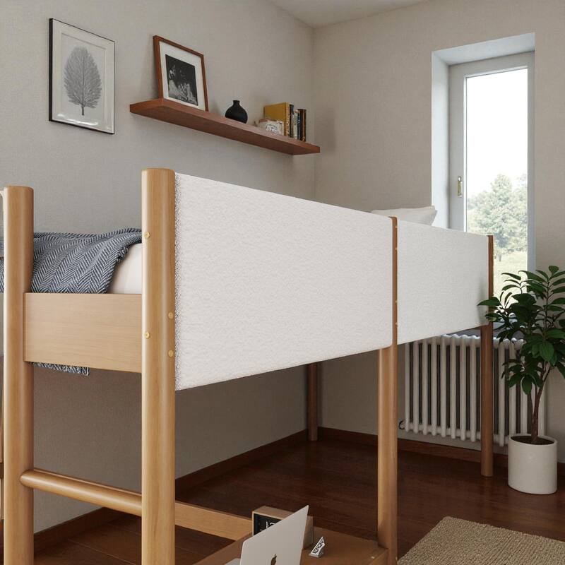 Twin Size Loft Bed with Built-in Desk and Boucle Upholstered Headboard, Solid Rubber Wood Loft Bed with Ladder and Guardrails