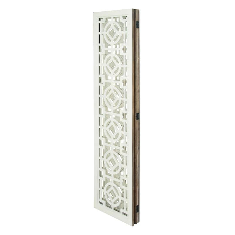 Wood Geometric Hinged Foldable Partition 3 Panel Room Divider Screen with Intricately Carved Designs - White - Roche River Decor