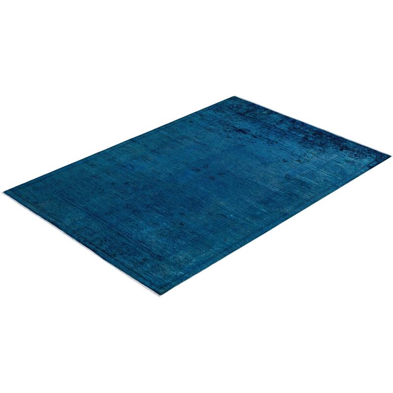 Overton Hand Knotted Wool Vintage Inspired Modern Contemporary Overdyed Blue Area Rug - 6' 1" x 9' 6"