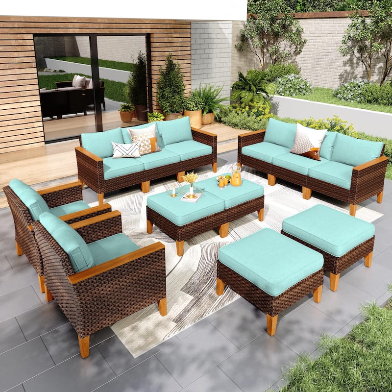 9-Piece Outdoor Wicker Sectional Sofa Patio Furniture Luxury Conversation Set, Beige Cushion - 12- Seat - Type G