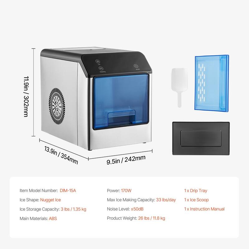 Silver Black Nugget Ice Maker 33 lbs Daily Capacity with Quiet and Self Cleaning Design - 9.5 x 13.9 x 11.9 in