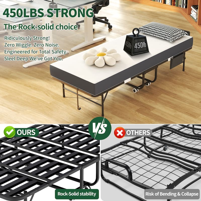 75" Folding Bed with Adjustable Headboard & 5" Memory Foam, Space Saving Rollaway Guest Bed for Tall People, Twin Cot on Wheels