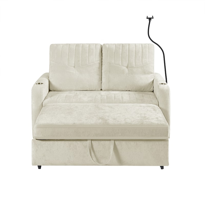 53.9" Chenille Convertible Loveseat with Pull-Out Bed, 3 USB Ports, and Smart Storage