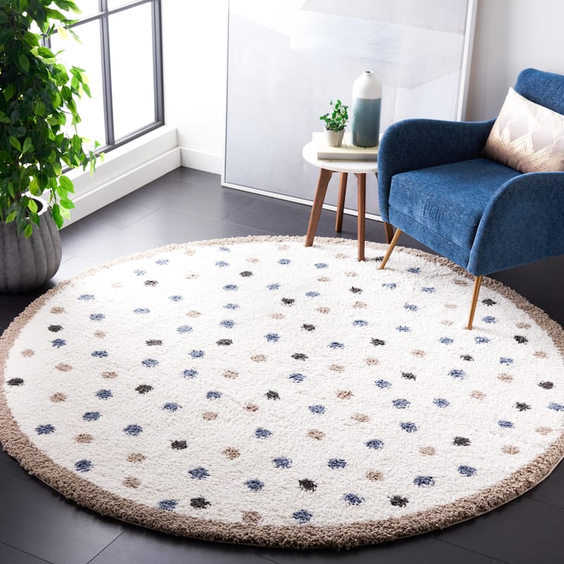 SAFAVIEH, Calico Shag Ruhama Polka Dot 1.6-inch Thick Rug - 5'3" Round - Ivory/Taupe