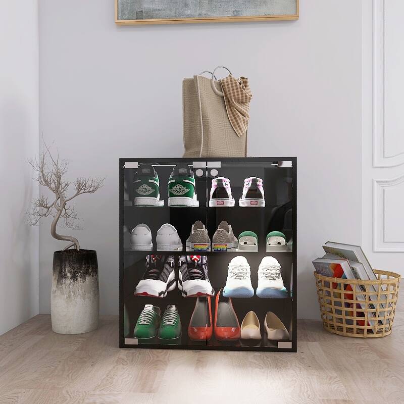 Modern 4-Layer Glass Shoe Organizer Cabinet with LED Light, Bluetooth Control, and Adjustable Shelves for Shoe Display