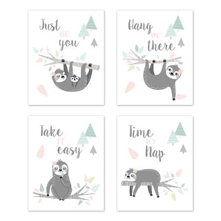 Sweet Jojo Designs Pink Grey Jungle Sloth Leaf Wall Decor Art Prints (Set of 4) - Blush Turquoise Gray Green Tropical Rainforest