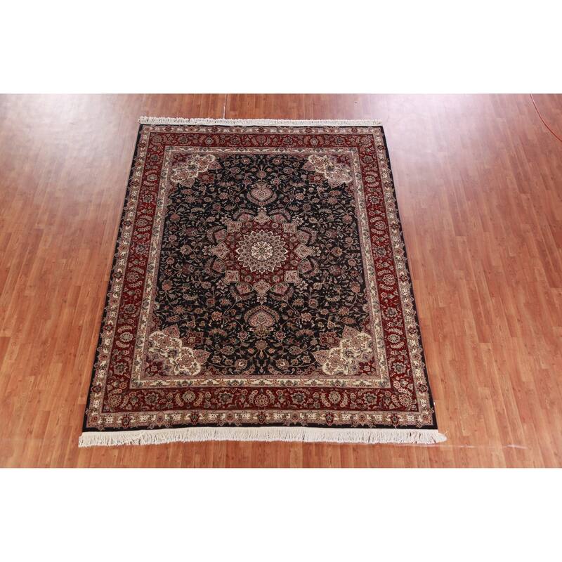 Hand Knotted Oriental Wool & Silk Carpet Traditional Floral Navy Blue & Blues Tabriz Area Rug - 9' 8'' X 7' 10''