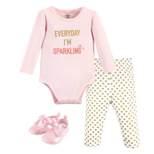 slide 1 of 1, Little Treasure Baby Girl Cotton Bodysuit, Pant and Shoe 3pc Set, Sparkling 0-3 Months - Sparkling