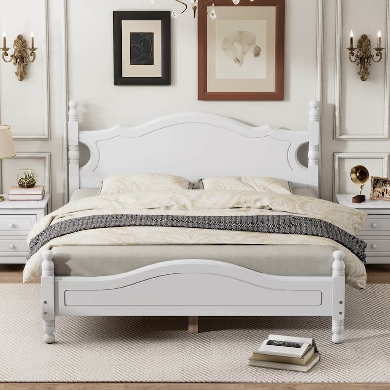 Retro Pine Platform Bed with Headboard and Footboard - White - Queen